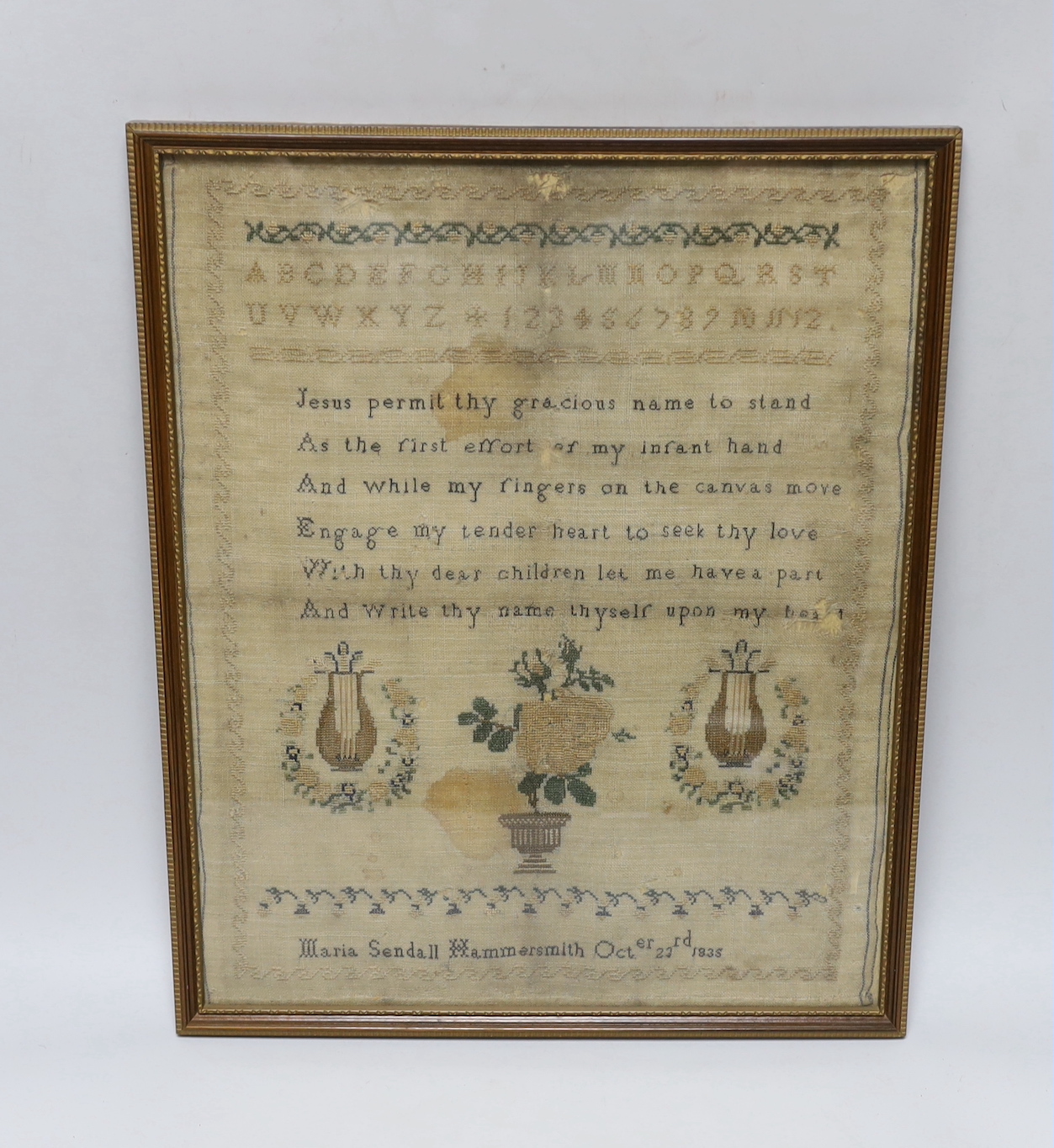 A William IV needlework sampler by Maria Sendall Hammersmith, 23rd of October, 1835, 42 x 33cm excl. frame